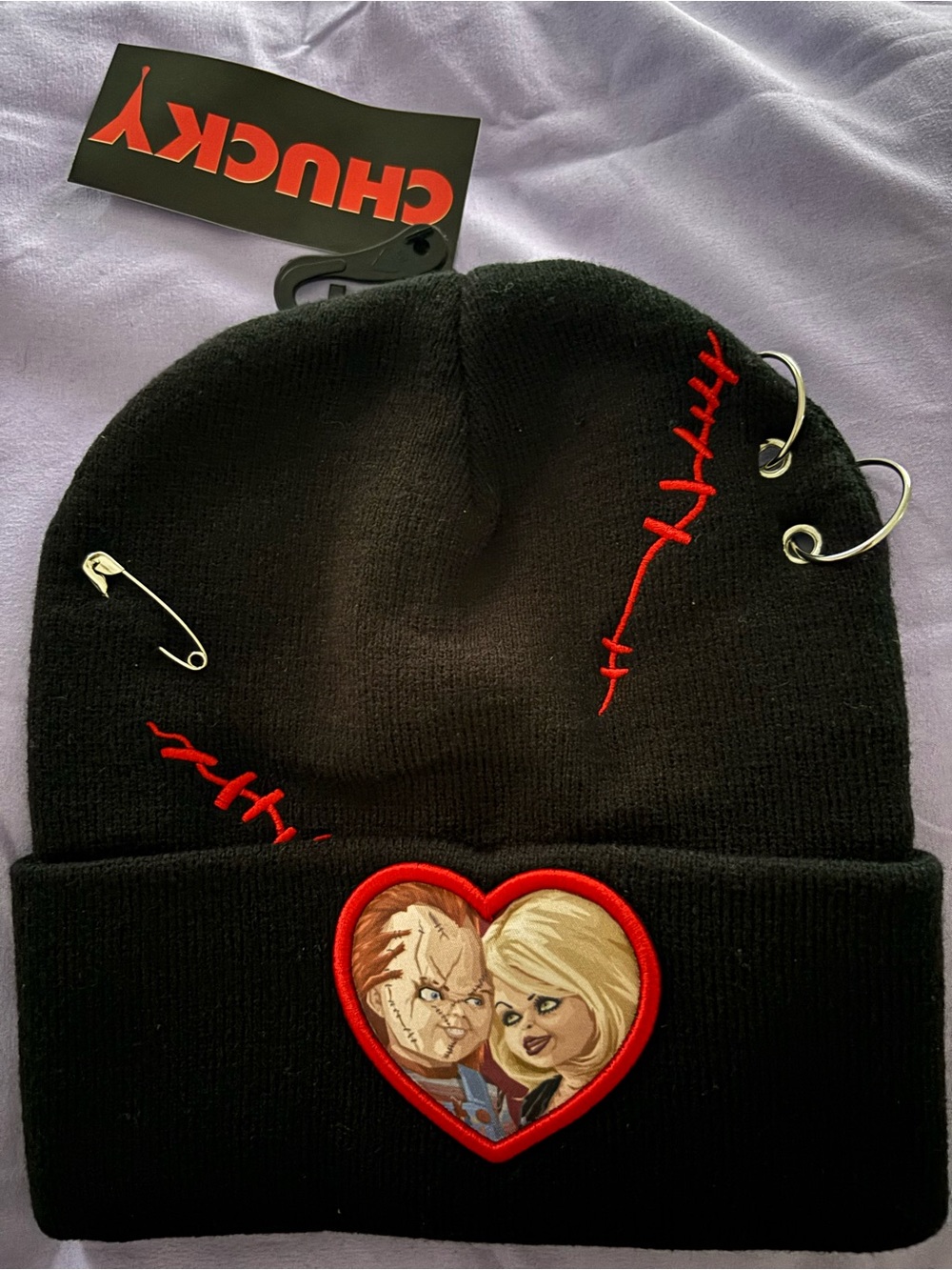 Chunky Black Beanie with Red Stitch Embroidery & Character Heart Patch